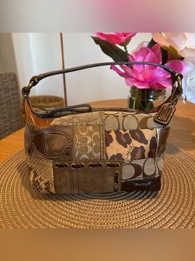 Coach Patchwork Shoulder Bag Brown Signature Leopard Y2K Mini Hobo Purse